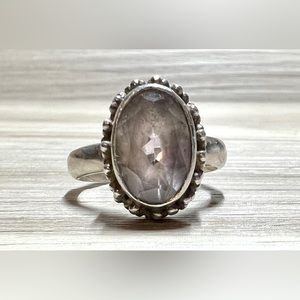 Vintage Handmade Sterling Silver Beaded Bezel Oval Quartz Ring, Size 6